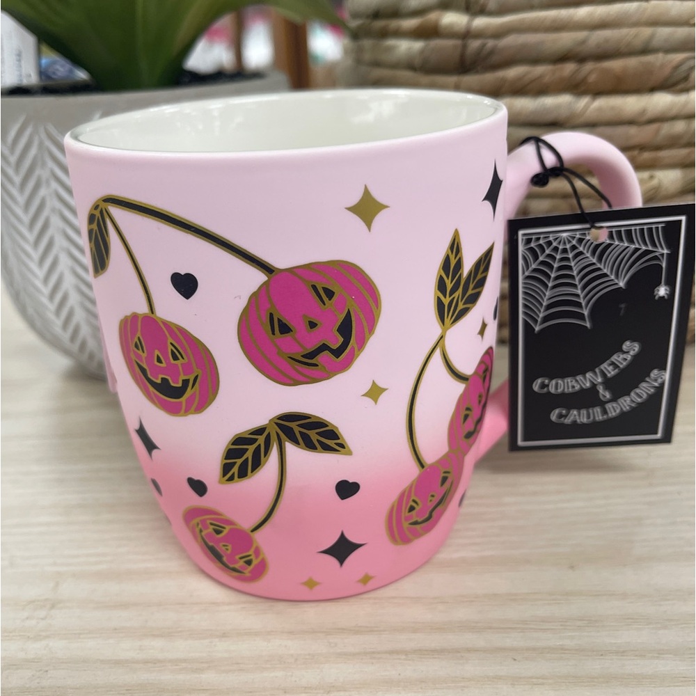 Pink Halloween Cherry Jack o’lanterns Smooth Matte Soft Touch Mug NWT HTF